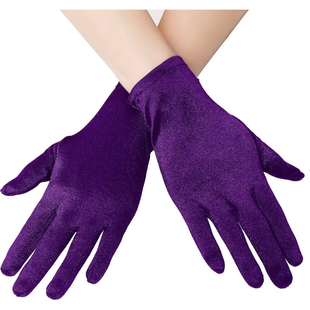 Women's 8-6 Purple Elastic Short Length Satin Wrist Gloves Wedding Bride Prom